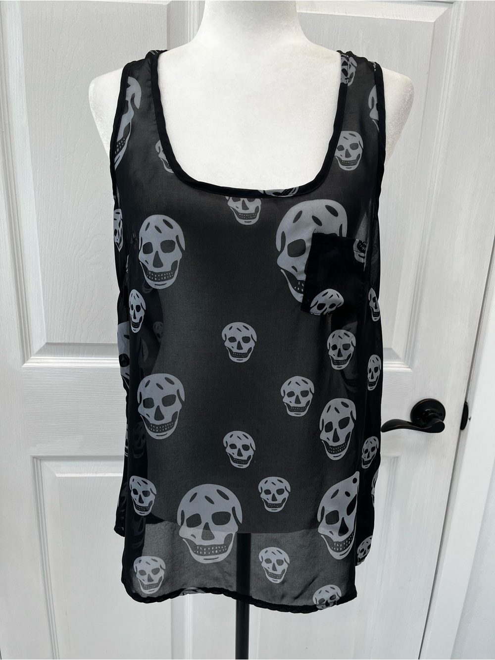 Seduction Black Sheer Skull Print Tank Top Large Gothic Biker Witchy Halloween